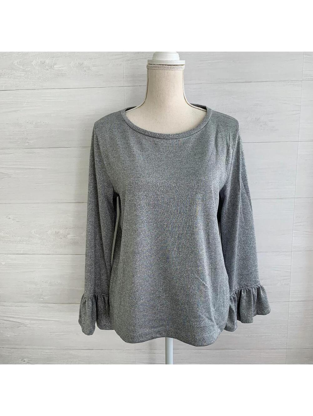 J.Crew Silver Metallic Knit Bell Sleeve Sweater Top L Holiday Party